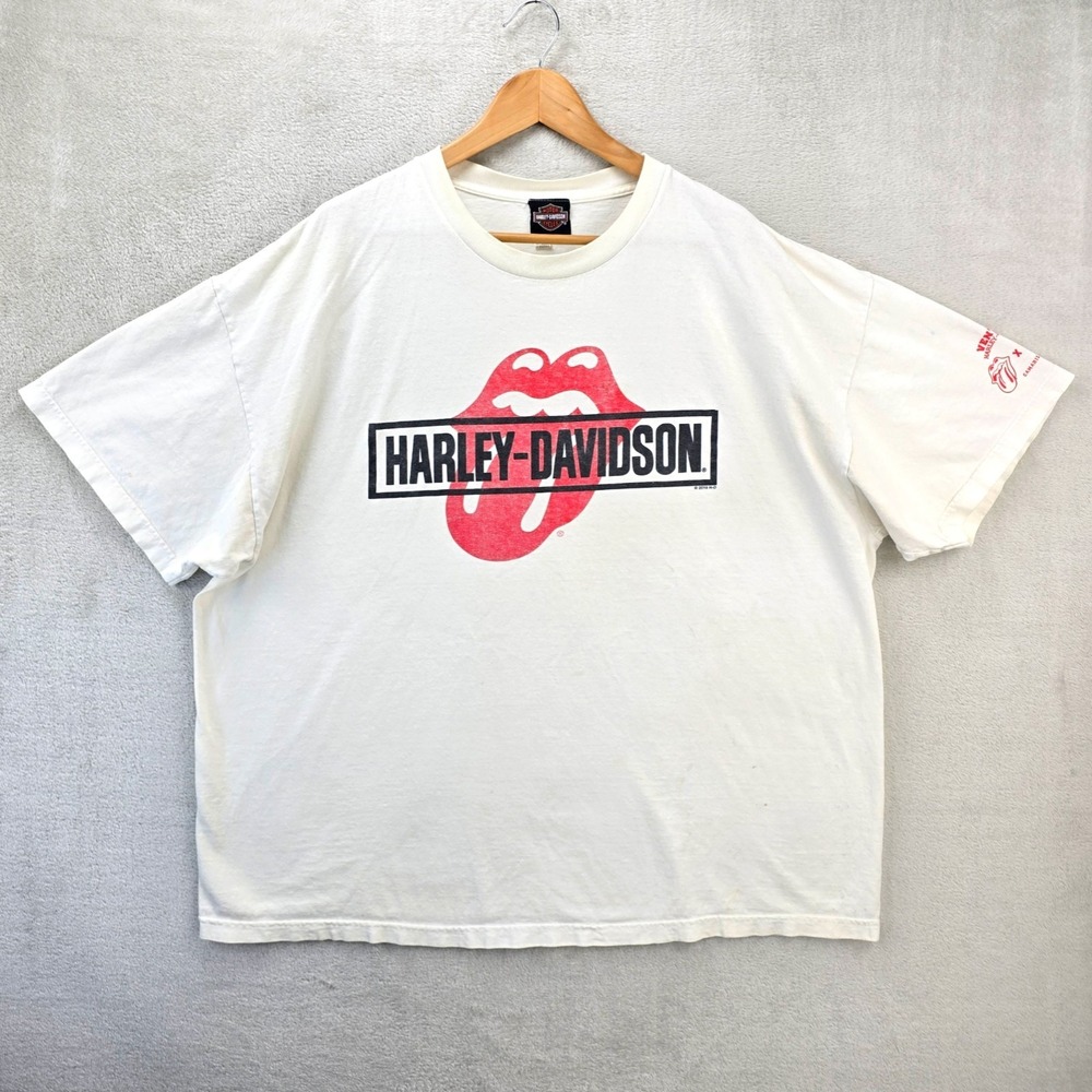 Harley Davidson Rolling Stones Shirt Mens 3XL White Mouth Tongue Lips Logo Y2K